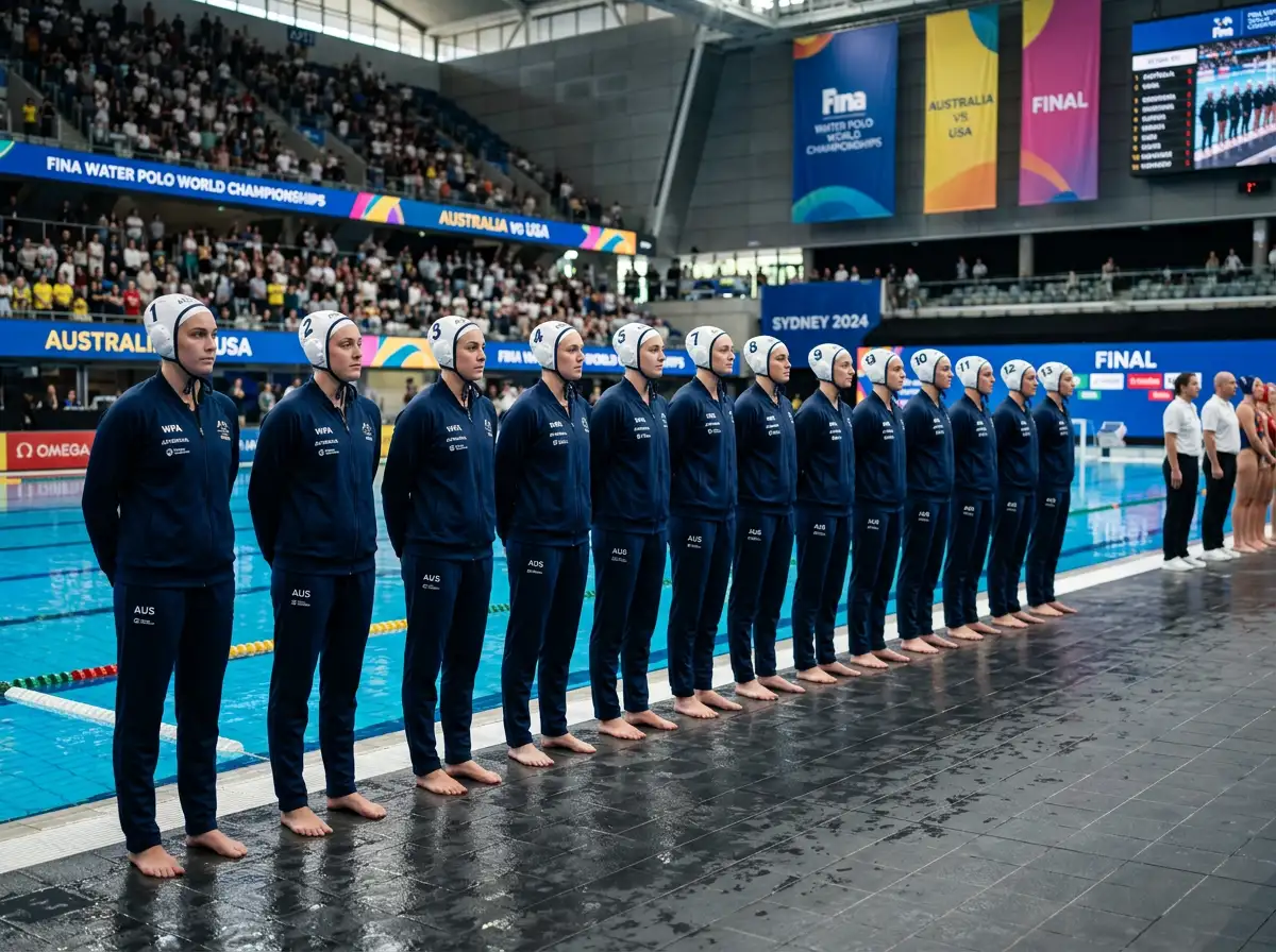 Squadra nazionale di pallanuoto allineata a bordo vasca prima dell