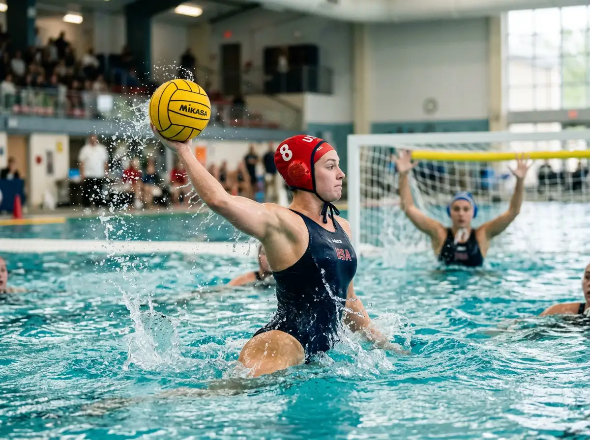 Giocatore di pallanuoto con calottina rossa che lancia la palla verso la porta avversaria durante una partita