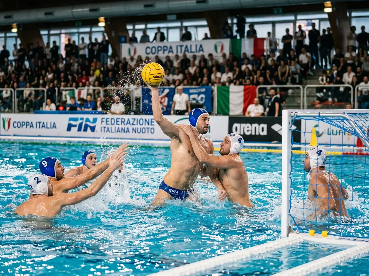Squadra di pallanuoto in vasca durante una partita ufficiale di Coppa Italia con giocatori in azione