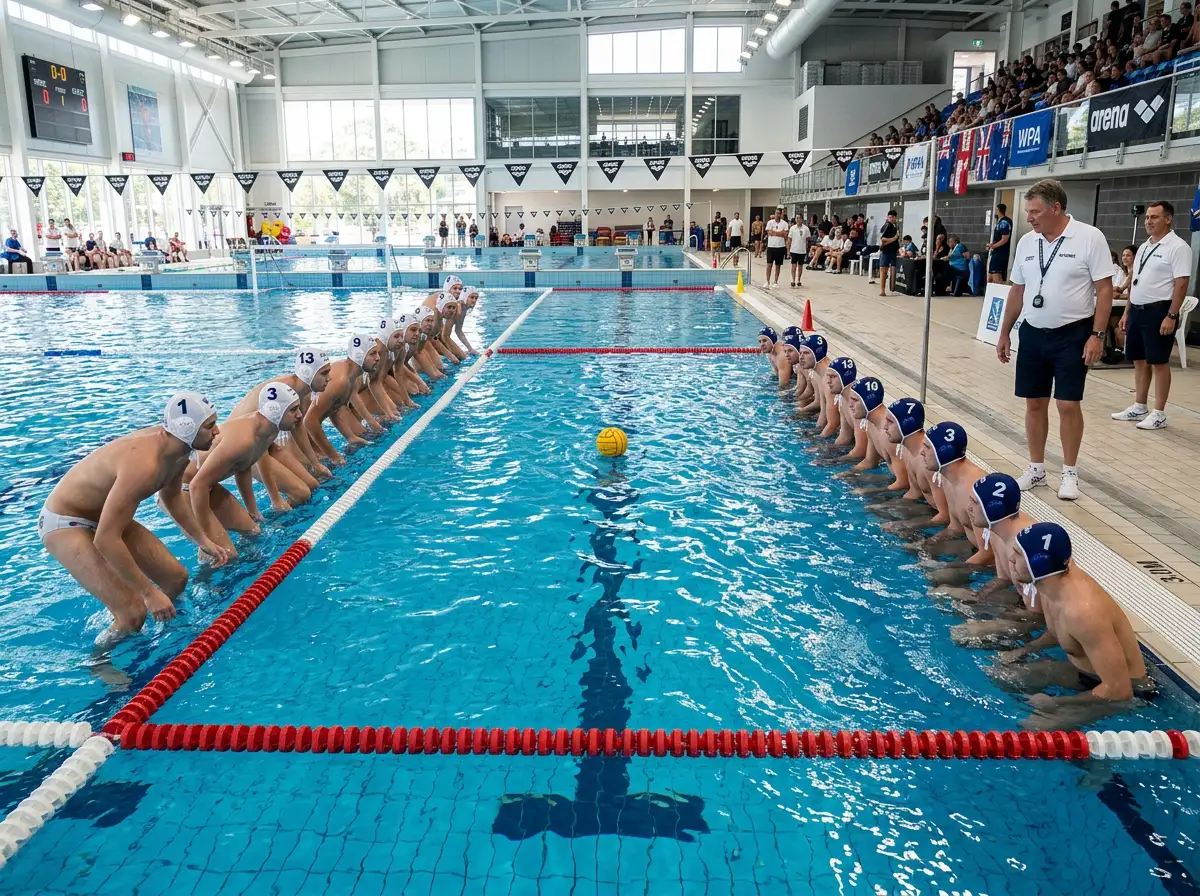 Due squadre di pallanuoto schierate in vasca prima del fischio d