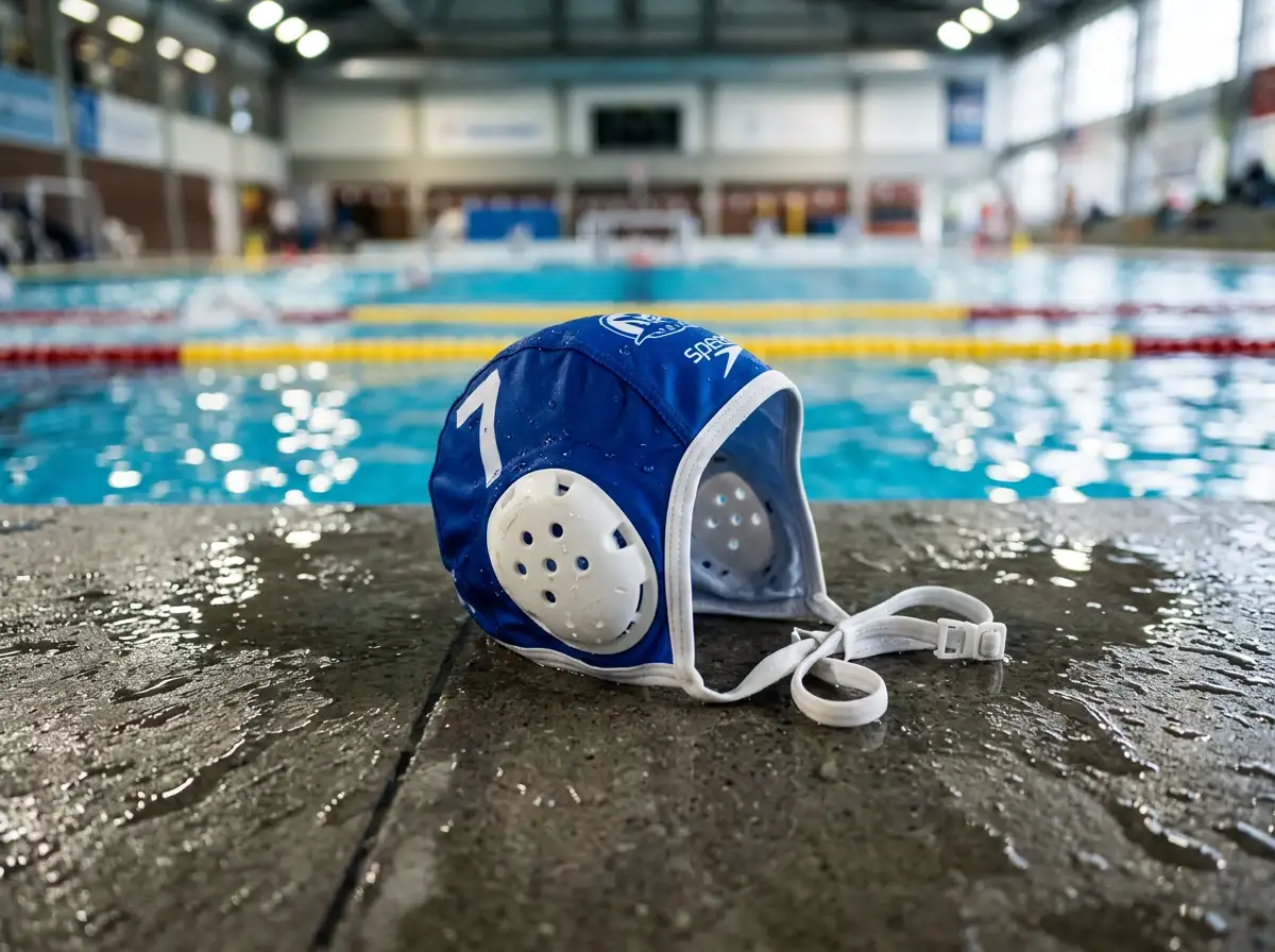 Calottina blu da pallanuoto appoggiata sul bordo di una vasca con luci riflesse sull