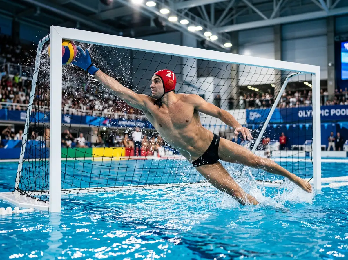 Portiere di pallanuoto con calottina rossa che effettua una parata distendendosi verso l