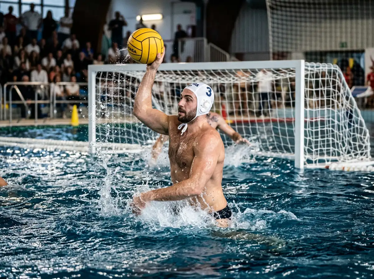 Pallanuotista in vasca durante una partita di Serie A1 italiana, con calottina bianca, palla in mano e porta da pallanuoto visibile sullo sfondo
