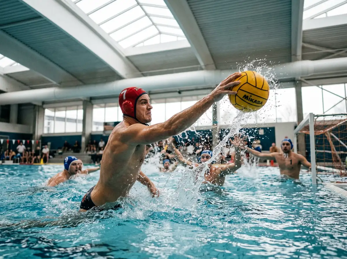 Giocatore di pallanuoto con calottina rossa che tira in porta da fuori area in una vasca olimpionica