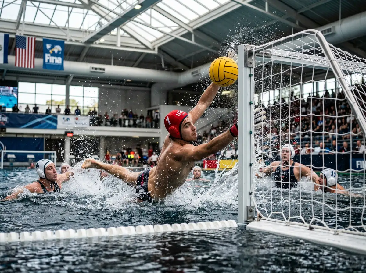 Azione di pallanuoto con palla in volo verso la porta e portiere in tuffo per parare