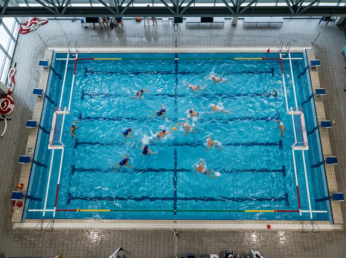Veduta aerea di una piscina olimpionica per pallanuoto durante una partita ufficiale, con le calottine bianche e blu dei giocatori visibili in vasca