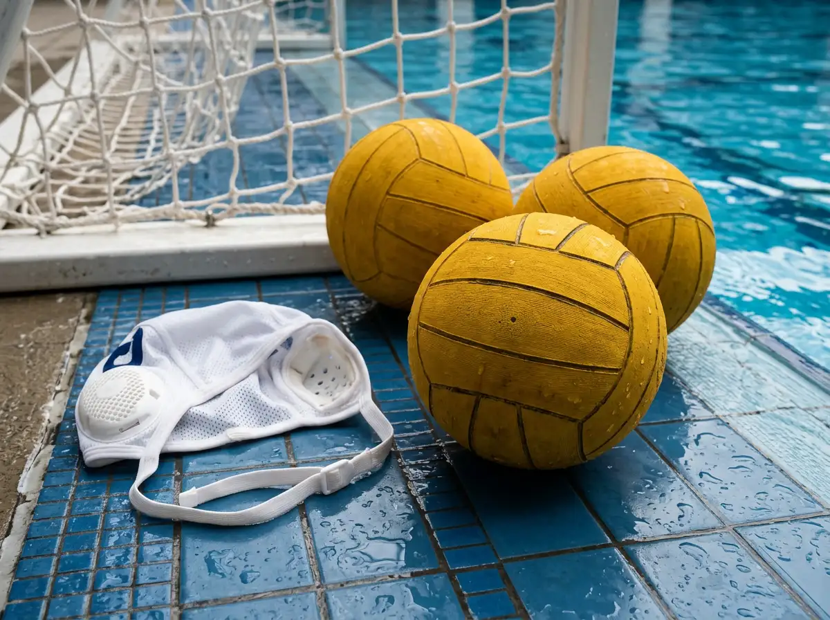 Set di palle ufficiali da pallanuoto di colore giallo e verde-azzurro disposte sul bordo di una piscina coperta accanto a una calottina e a una rete da porta