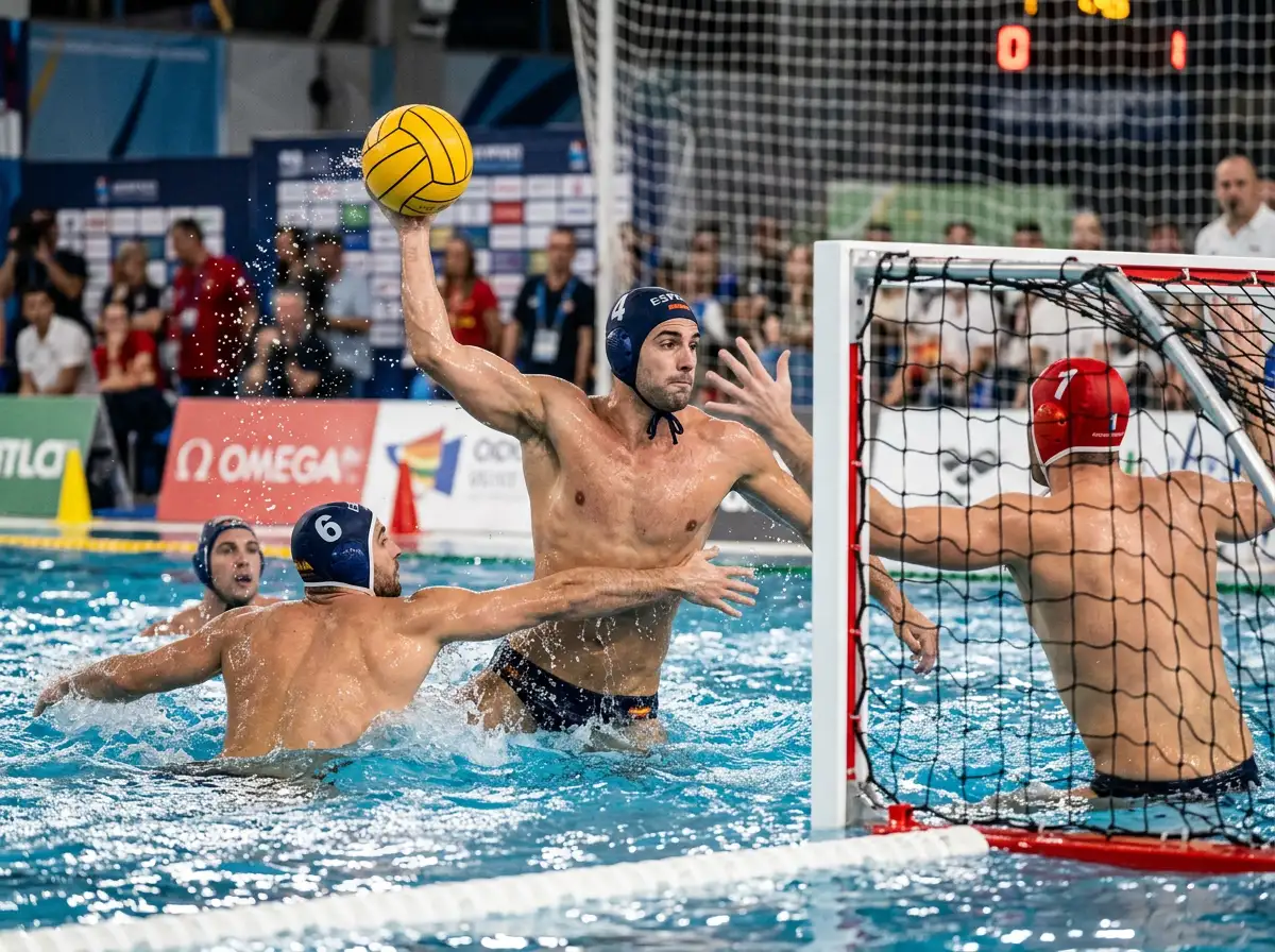 Centroboa di pallanuoto in posizione di tiro davanti al portiere avversario durante una partita