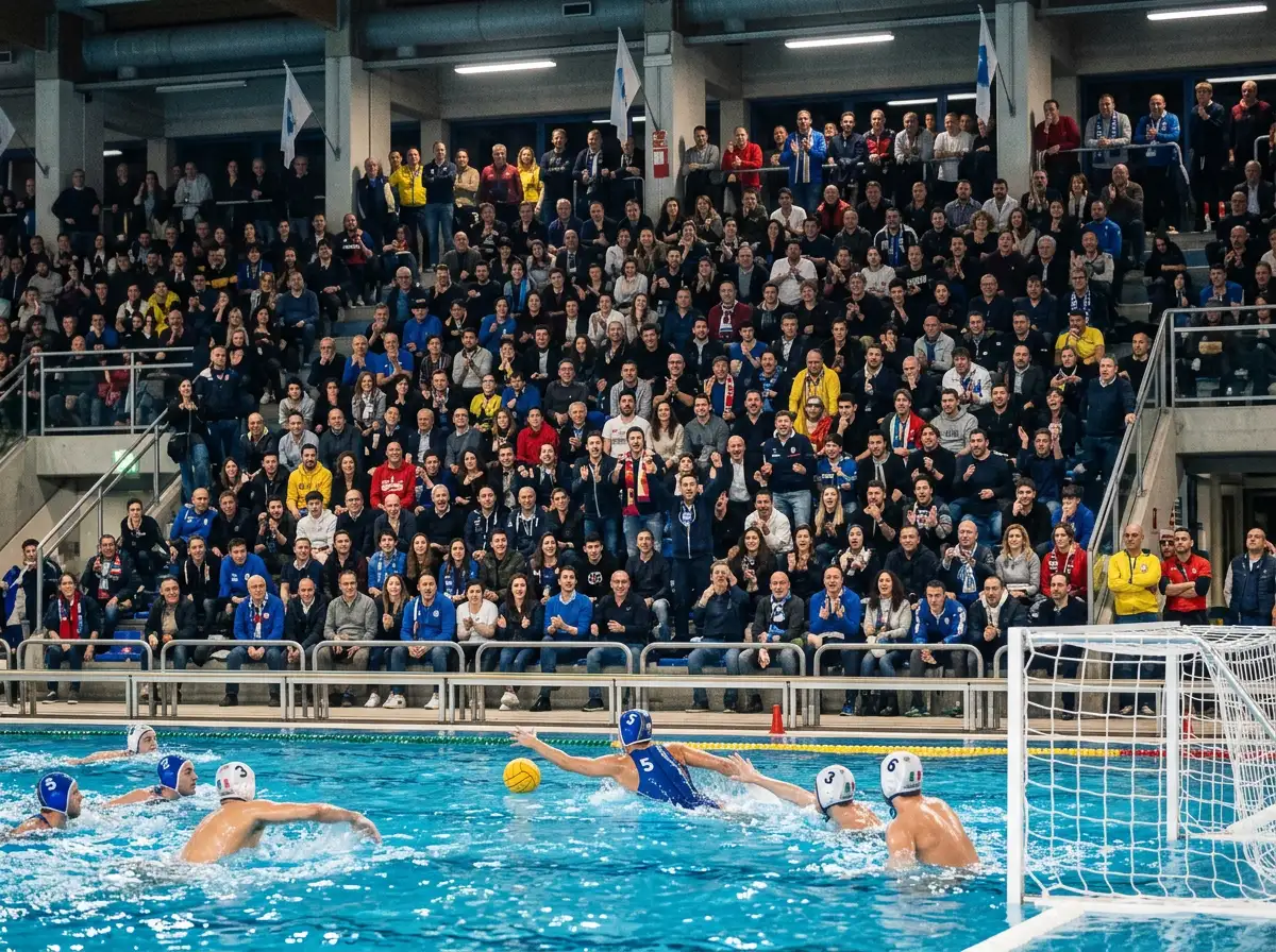 Tribuna gremita di tifosi durante una partita di pallanuoto di Serie A1 con vista parziale della vasca e dei giocatori in azione