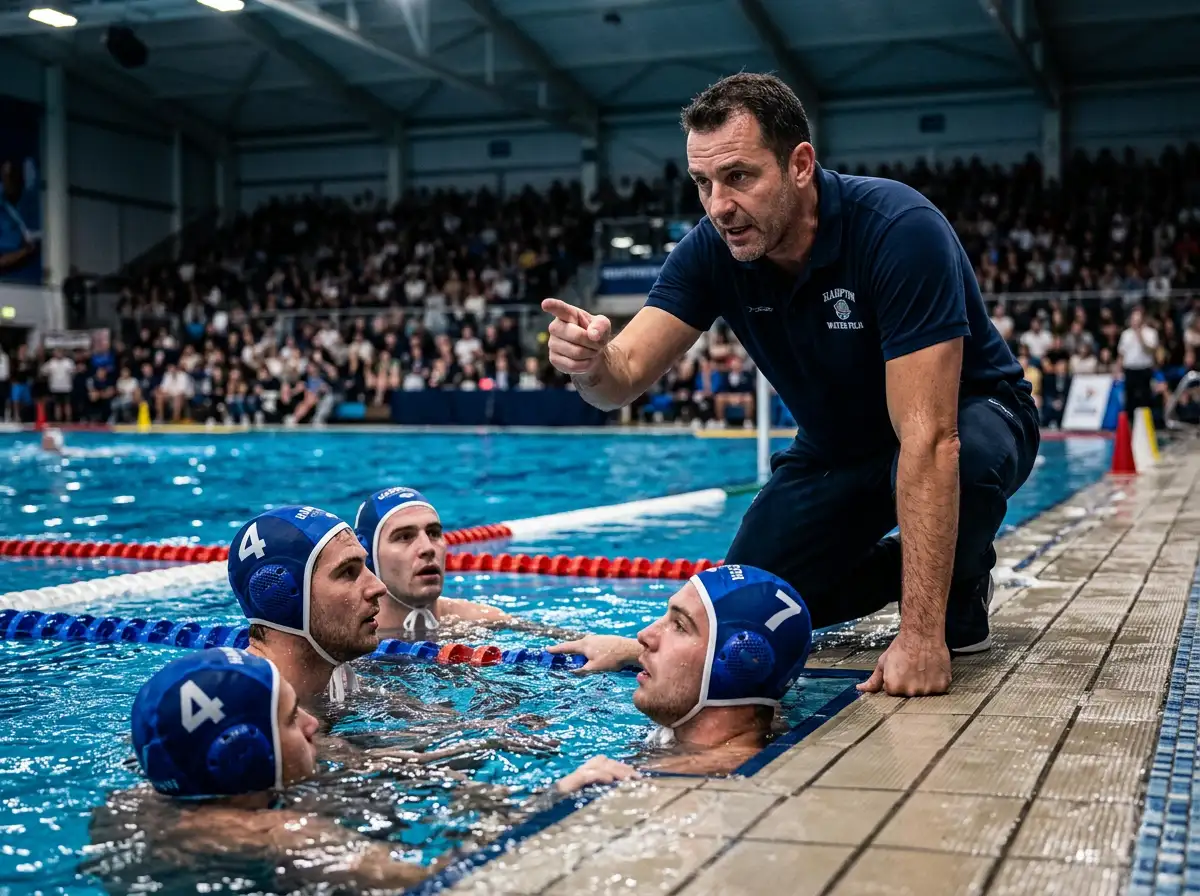 Allenatore di pallanuoto a bordo vasca durante il time-out spiega lo schema ai giocatori in calottina blu
