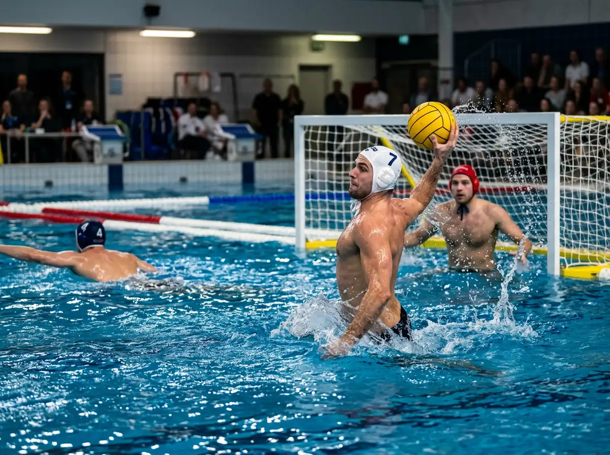 Momento di superiorità numerica in una partita di pallanuoto: attaccante in calottina bianca pronto al tiro mentre il difensore avversario è espulso