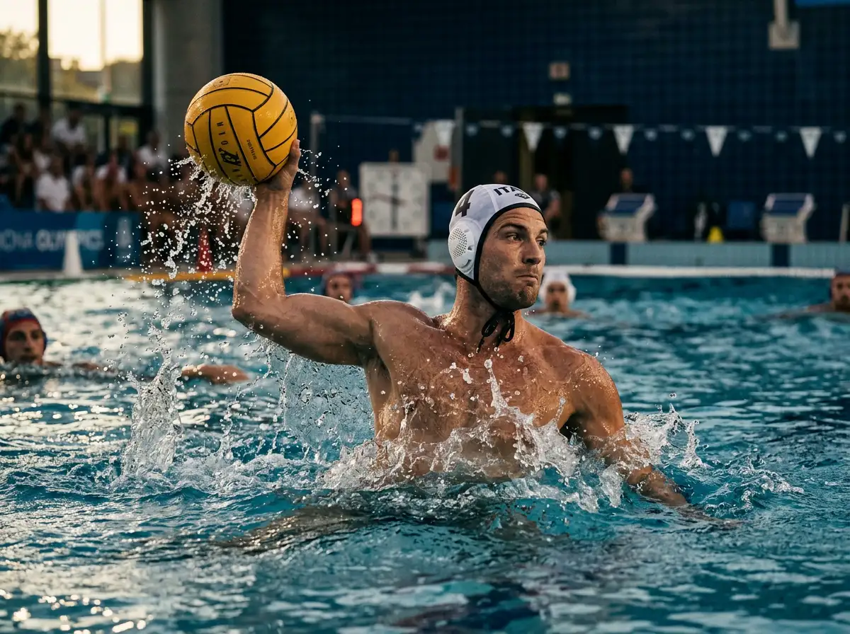 Pallanuotista con calottina italiana in azione durante un match di Serie A1