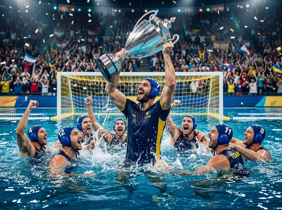 Squadra di pallanuoto esulta in piscina alzando il trofeo dopo la finale di un torneo internazionale