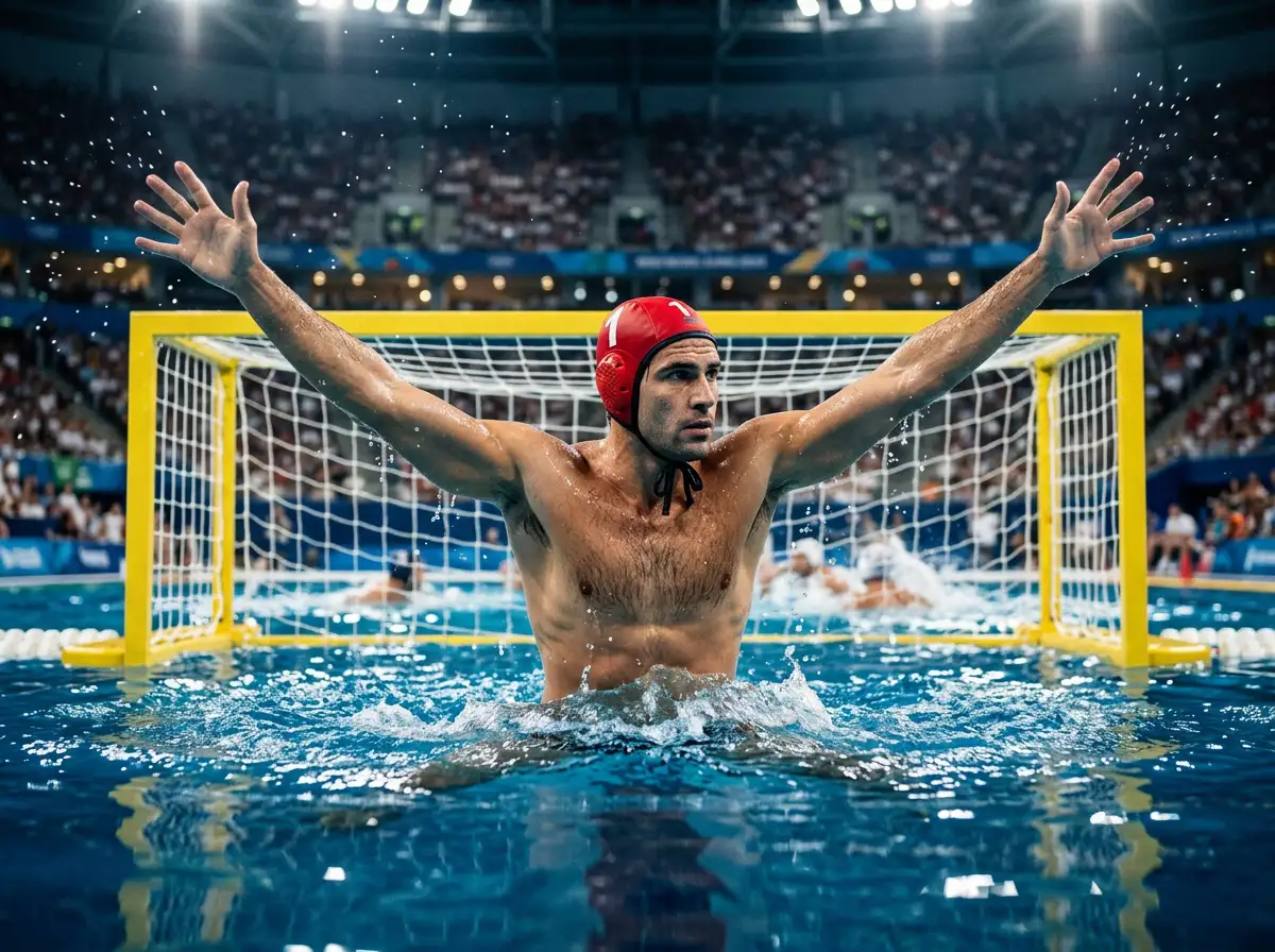 Portiere di pallanuoto in calottina rossa pronto a parare un tiro durante una partita in piscina con tribune piene