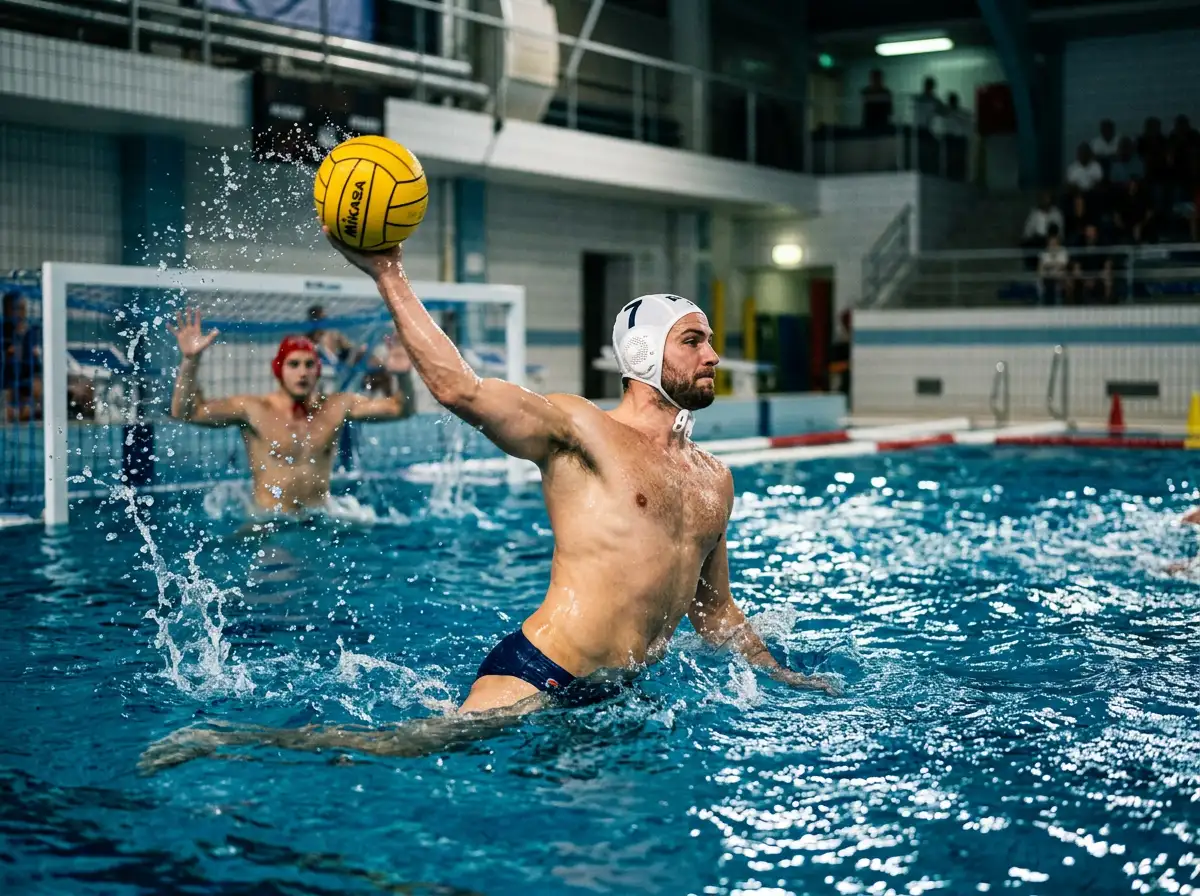 Azione di gioco in una partita di pallanuoto: giocatore con calottina che lancia il pallone giallo verso la porta in piscina