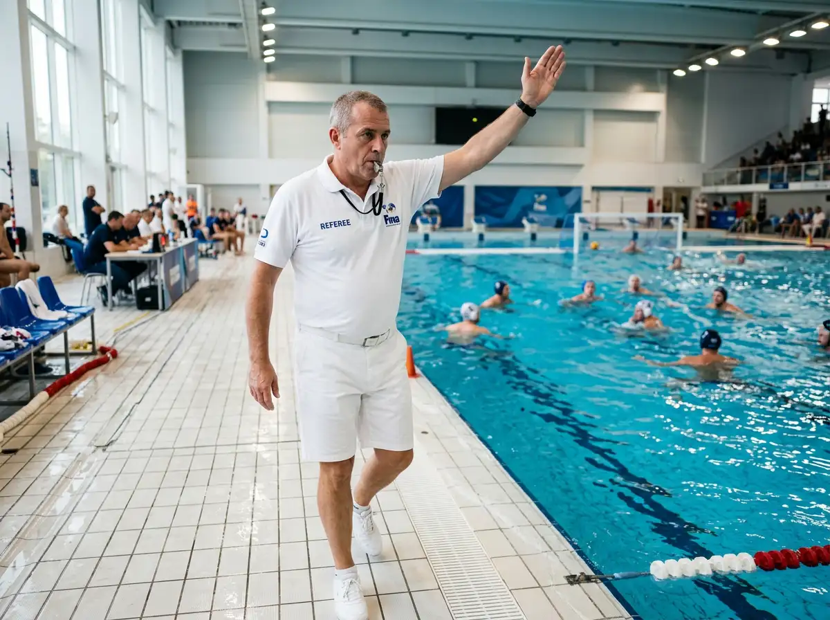 Arbitro di pallanuoto a bordo vasca che fischia segnalando l