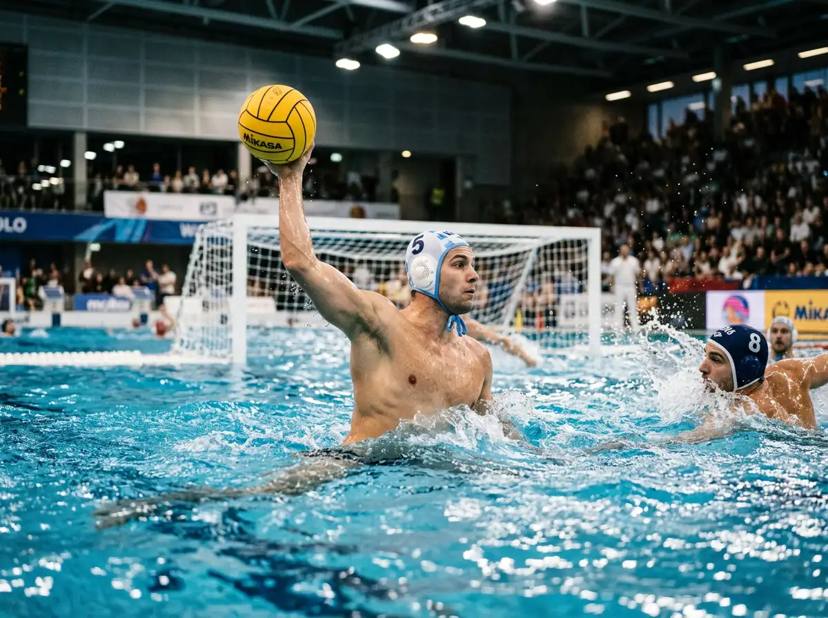 Pallanuotista con calottina bianconera del Pro Recco solleva la palla in attacco verso la porta avversaria durante una partita di Champions League in piscina coperta
