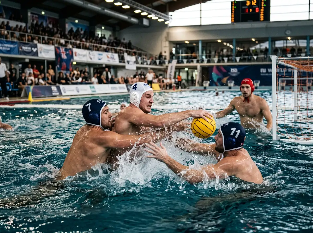 Giocatori di pallanuoto in mischia per il possesso della palla davanti alla porta