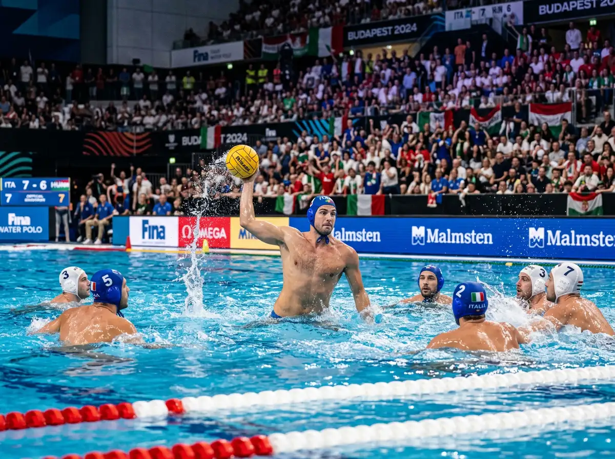 Nazionale di pallanuoto in azione di gioco durante un torneo internazionale ufficiale