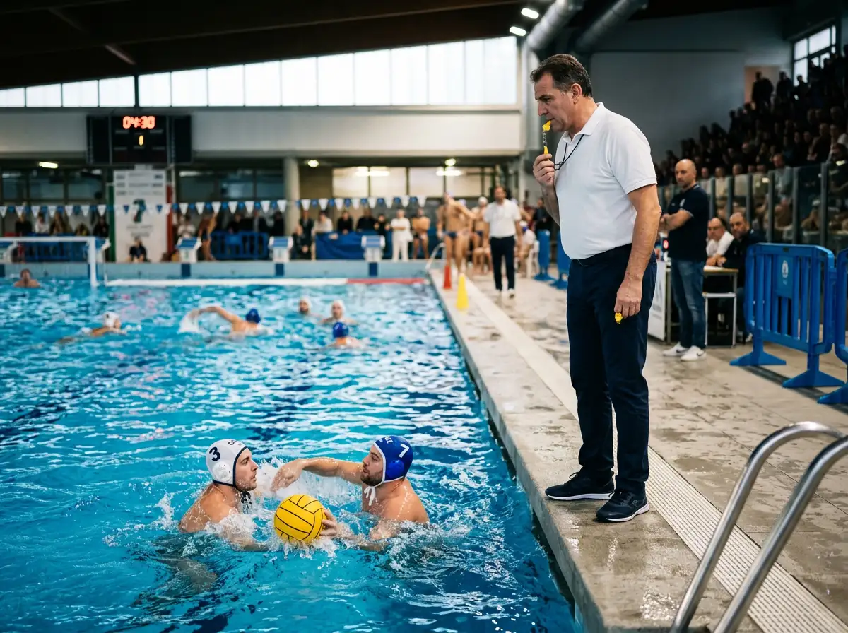Arbitro a bordo vasca durante una partita di pallanuoto in piscina coperta, con giocatori in calottina e palla galleggiante in primo piano