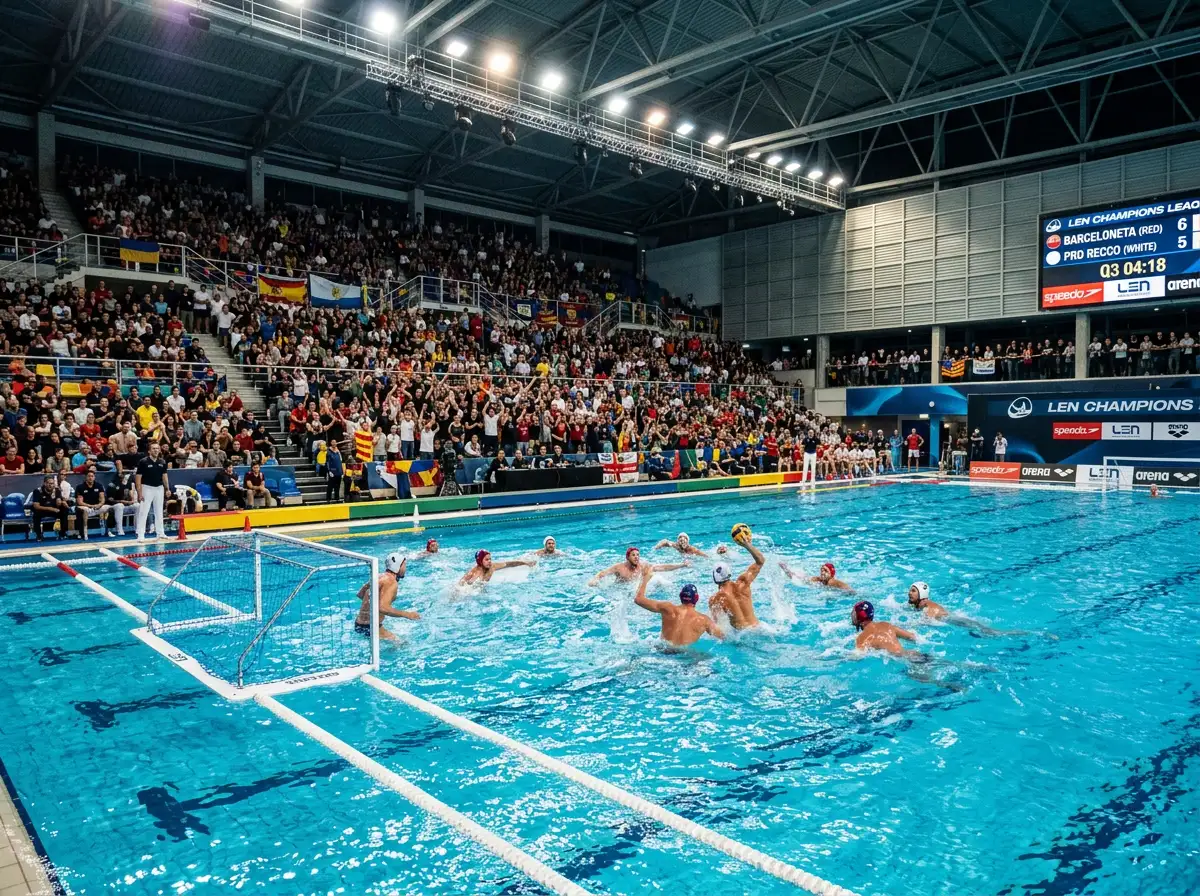 Vasca olimpica di pallanuoto durante una partita di Champions League con tribune affollate sullo sfondo