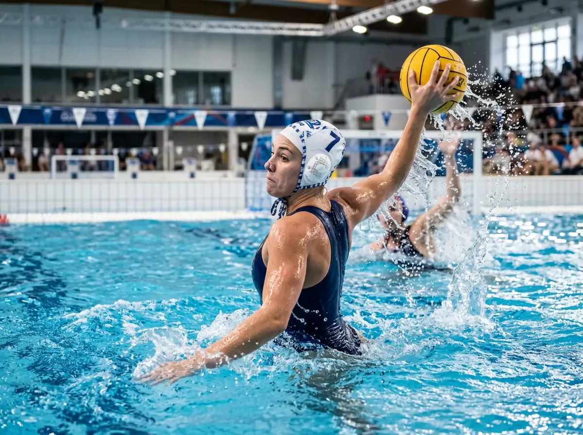 Atleta di pallanuoto femminile con calottina bianca che si solleva dall