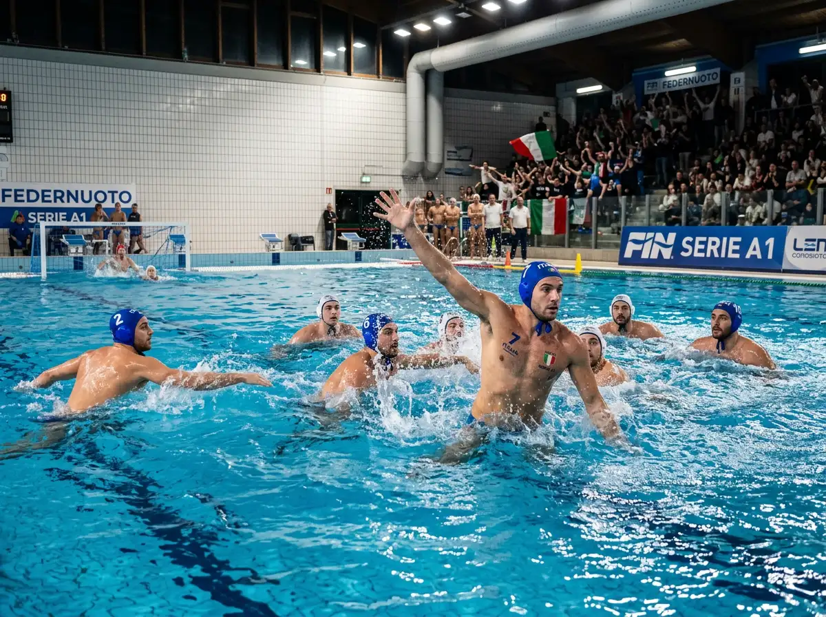 Squadra di pallanuoto maschile in azione di attacco durante una partita di Serie A1 in vasca al coperto