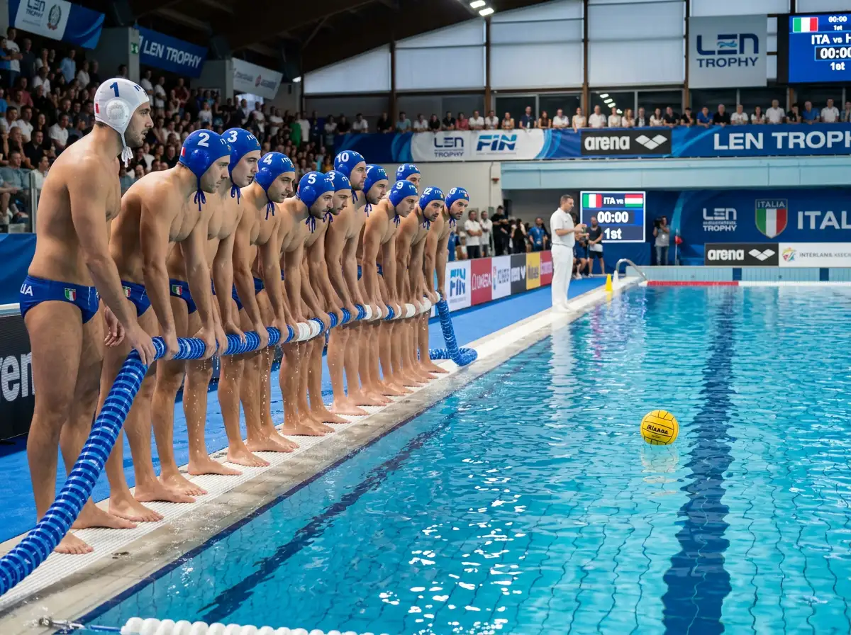 Squadra di pallanuoto maschile italiana in vasca prima del fischio d