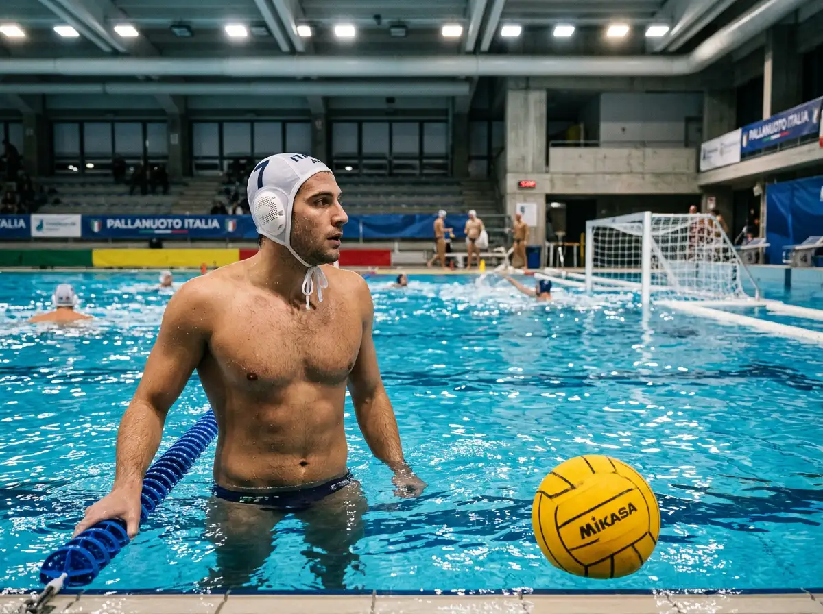 Pallanuotista in calottina bianca sul bordo della vasca durante il riscaldamento di una partita di Serie A1, con porta da pallanuoto e palla galleggiante sullo sfondo