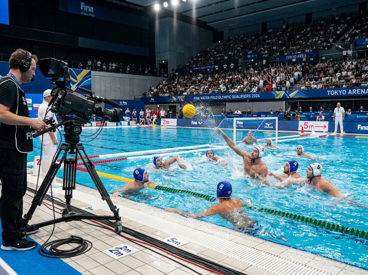 Vasca olimpica di pallanuoto durante una partita con telecamera professionale a bordo vasca
