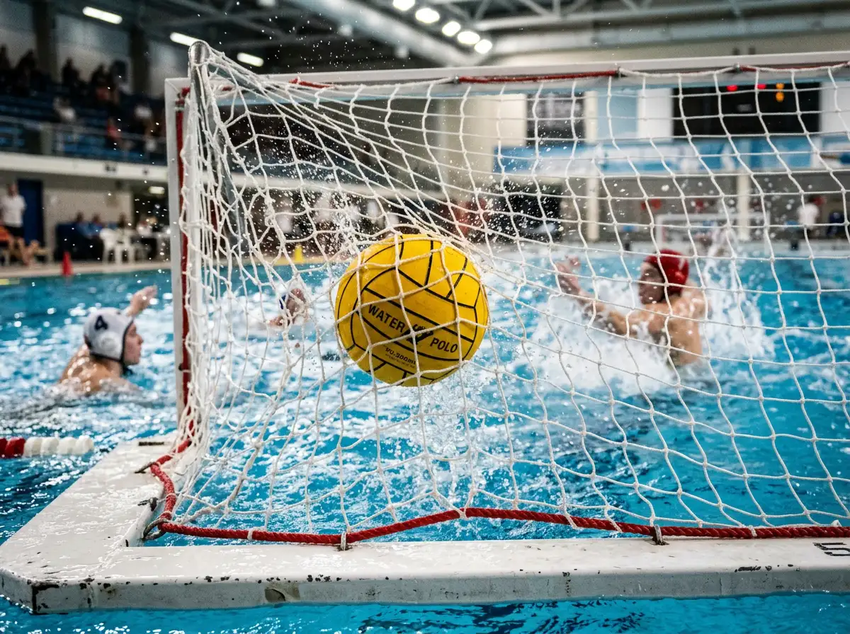 Pallone giallo di pallanuoto che entra nella rete della porta durante una partita in piscina